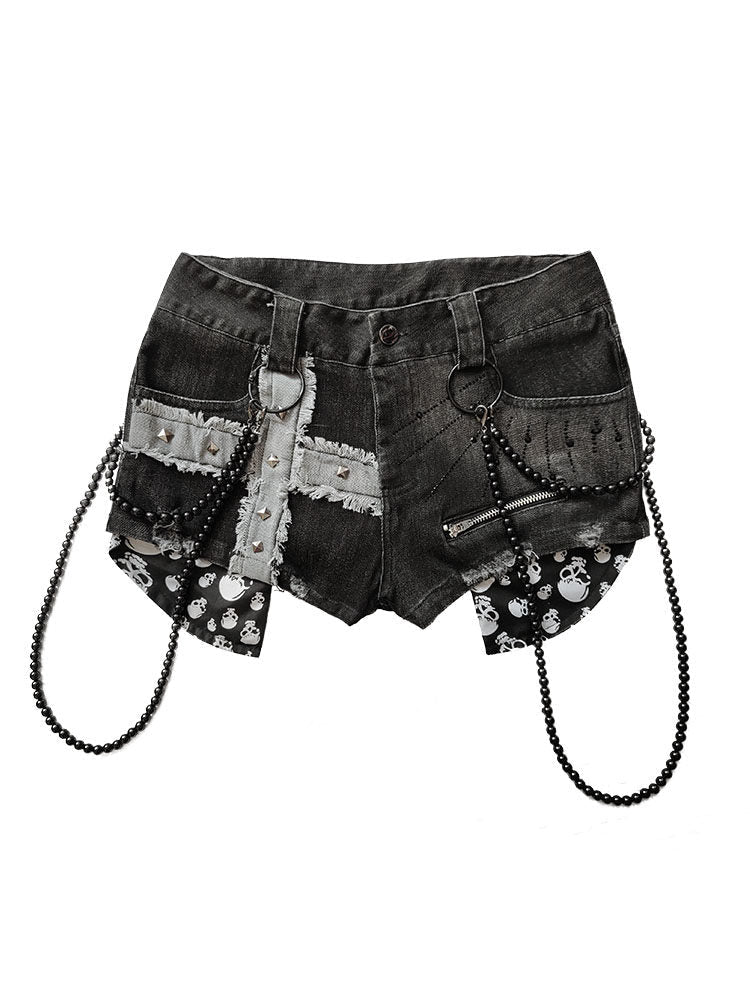 Design Rivet Print Low Waist Denim Short Pants