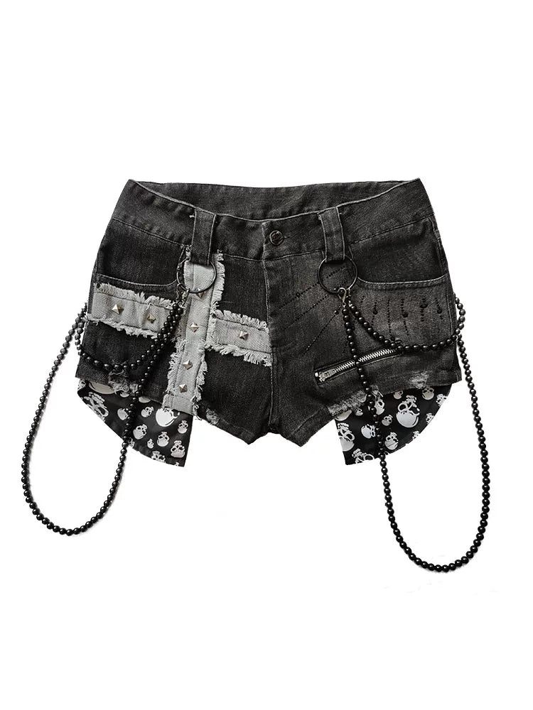 Design Rivet Print Low Waist Denim Short Pants