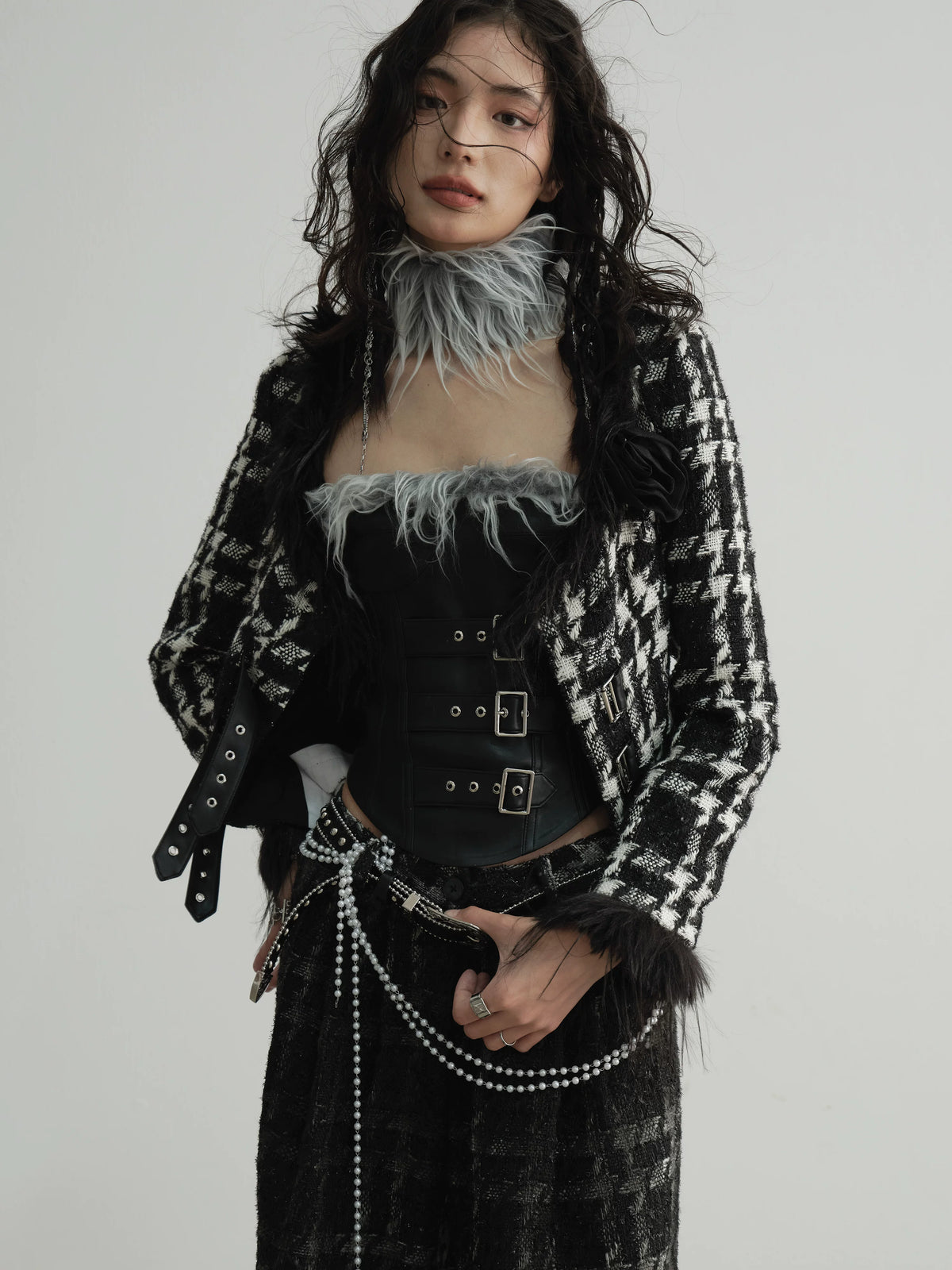 Hairy Low Collar Houndstooth Jacket