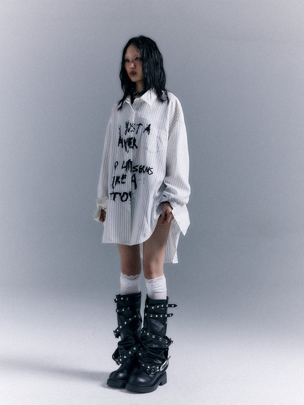 Graffiti Print Stripe Oversize Long Sleeve Shirt