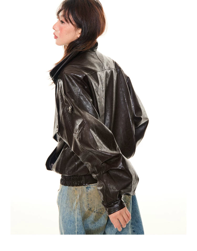 Asymmetrical Stand Collar PU Leather Jacket