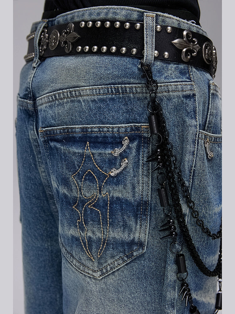 Washed Whisker Design Wide Leg Denim Short