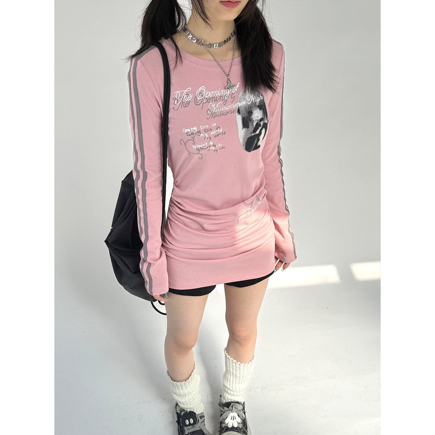 Stripe Sleeve Graphic Print Ruched Fitted Long T-Dress