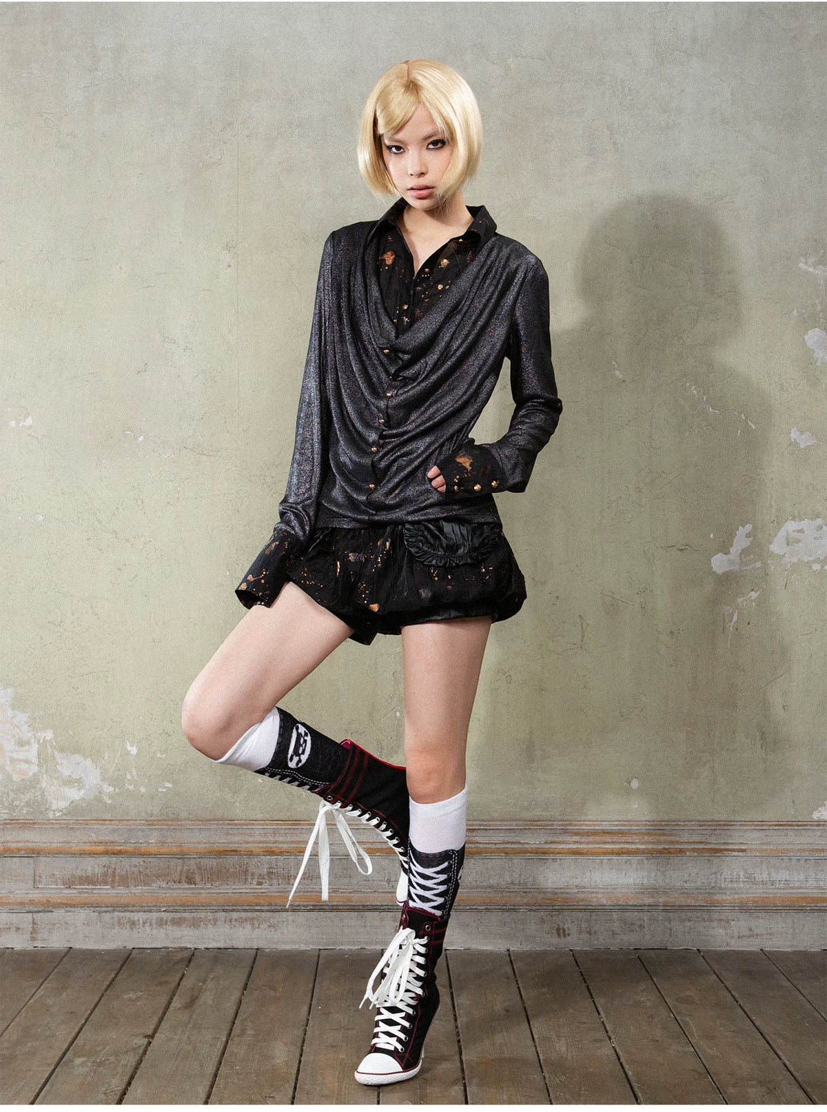 V-Neck Fake Layered Patchwork Long Sleeve Shirt