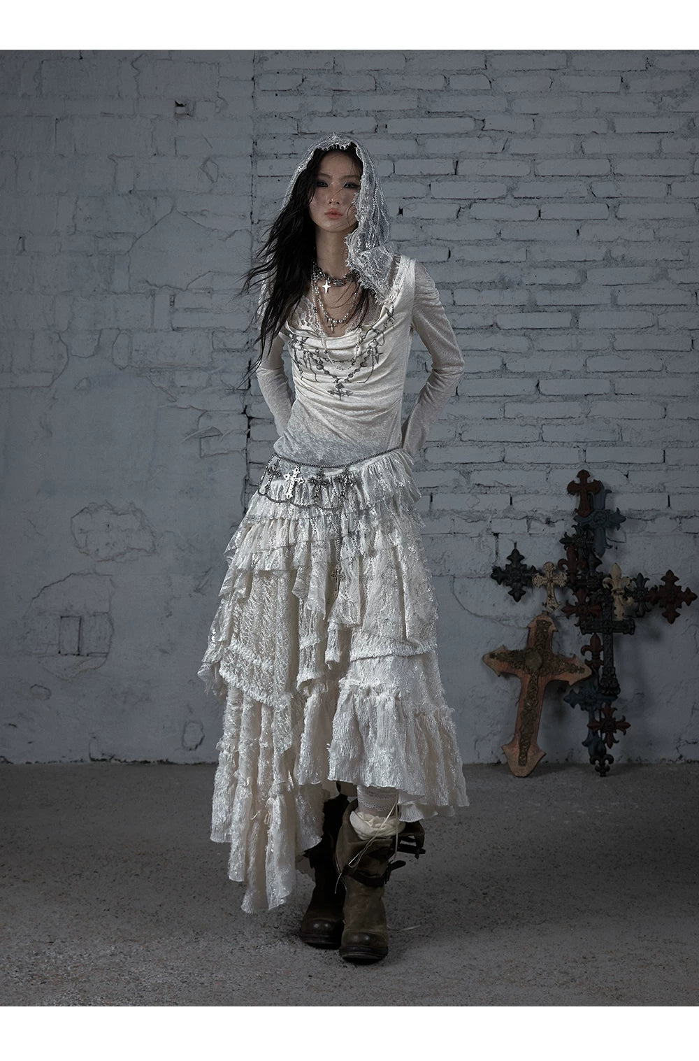 Lace Hooded Asymmetric Ruffle Dress