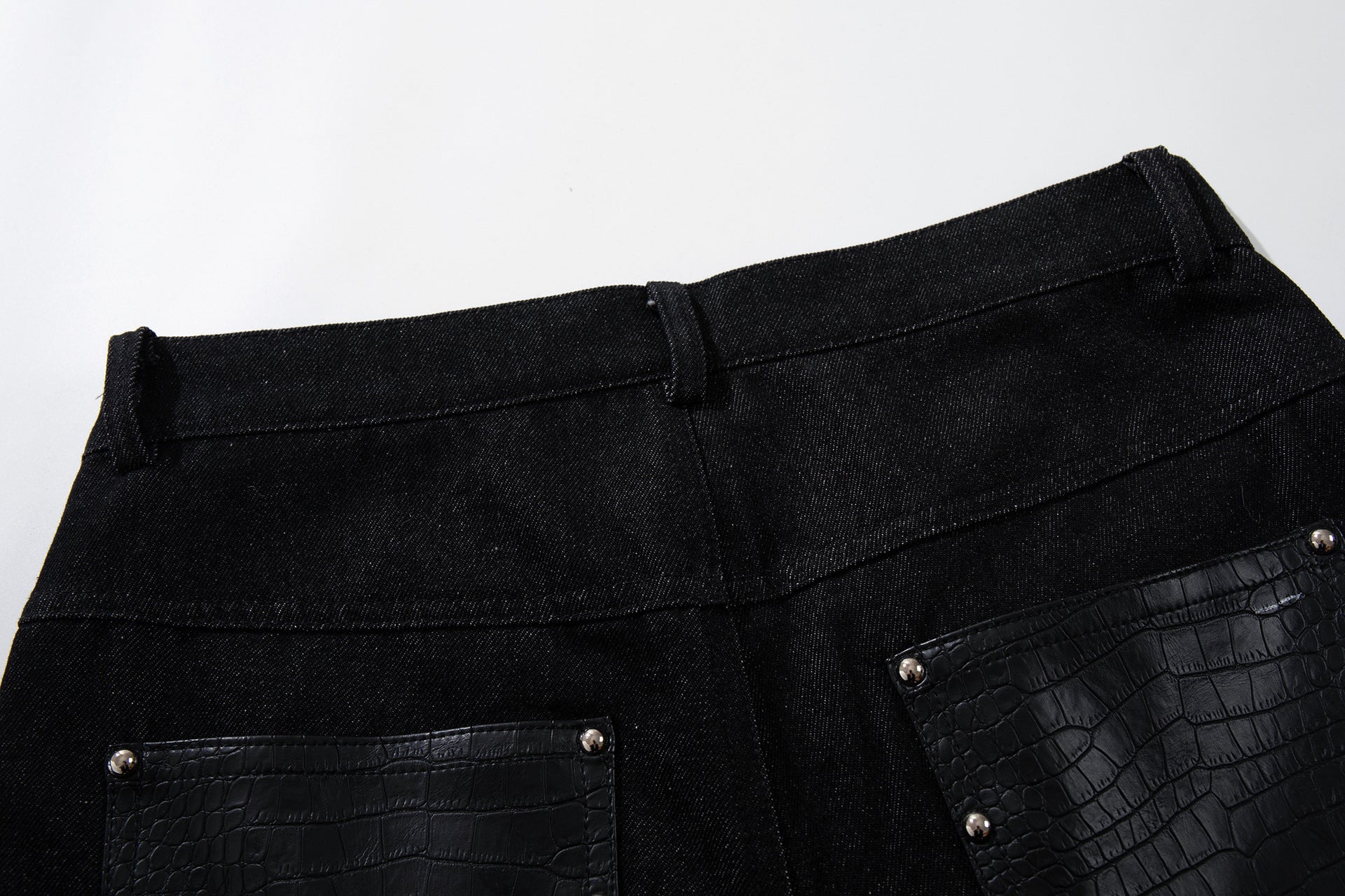 Studs PU Leather Panel Wide Leg Denim Jeans