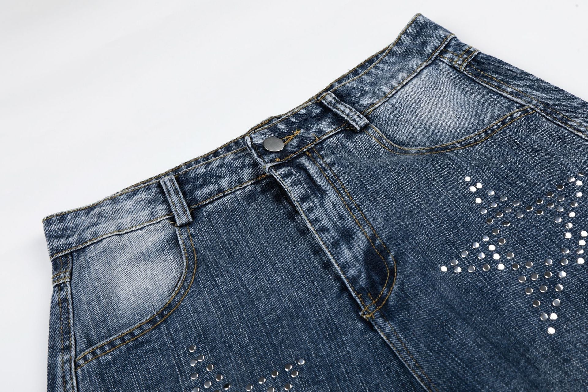 Washed Star Rhinestone Wide Leg Denim Jeans