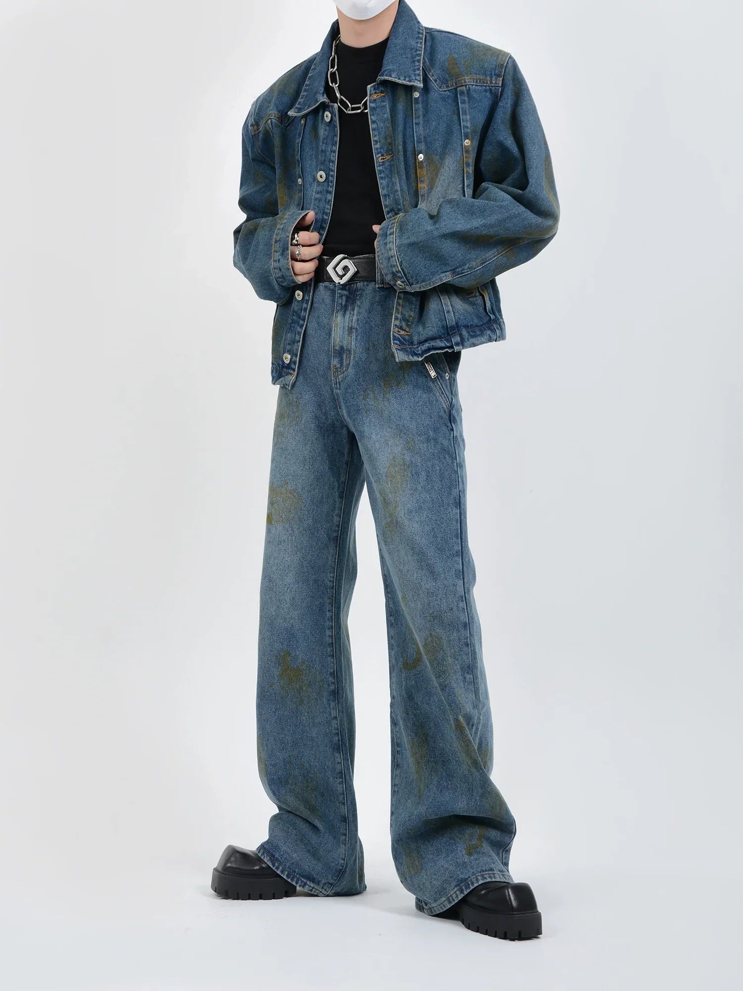 Wash Denim Jacket & Wide Leg Straight Denim Jeans Setup