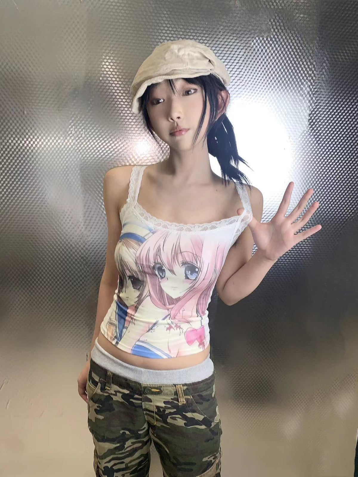 Cartoon Print Lace Tank Top