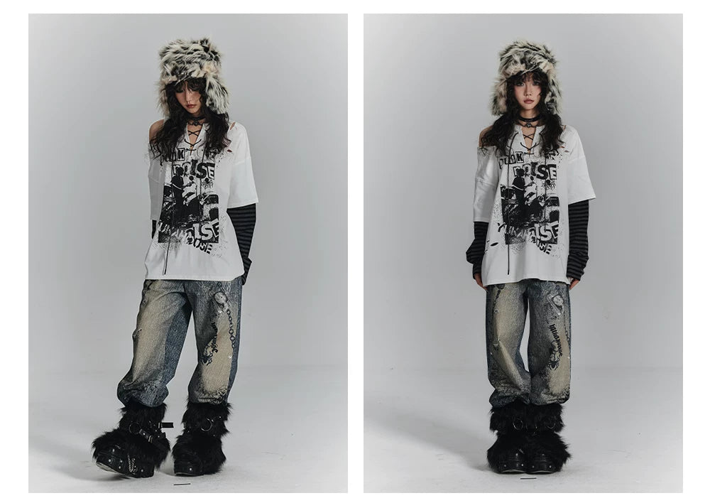 Chain Design Wide Leg Straight Denim Jeans
