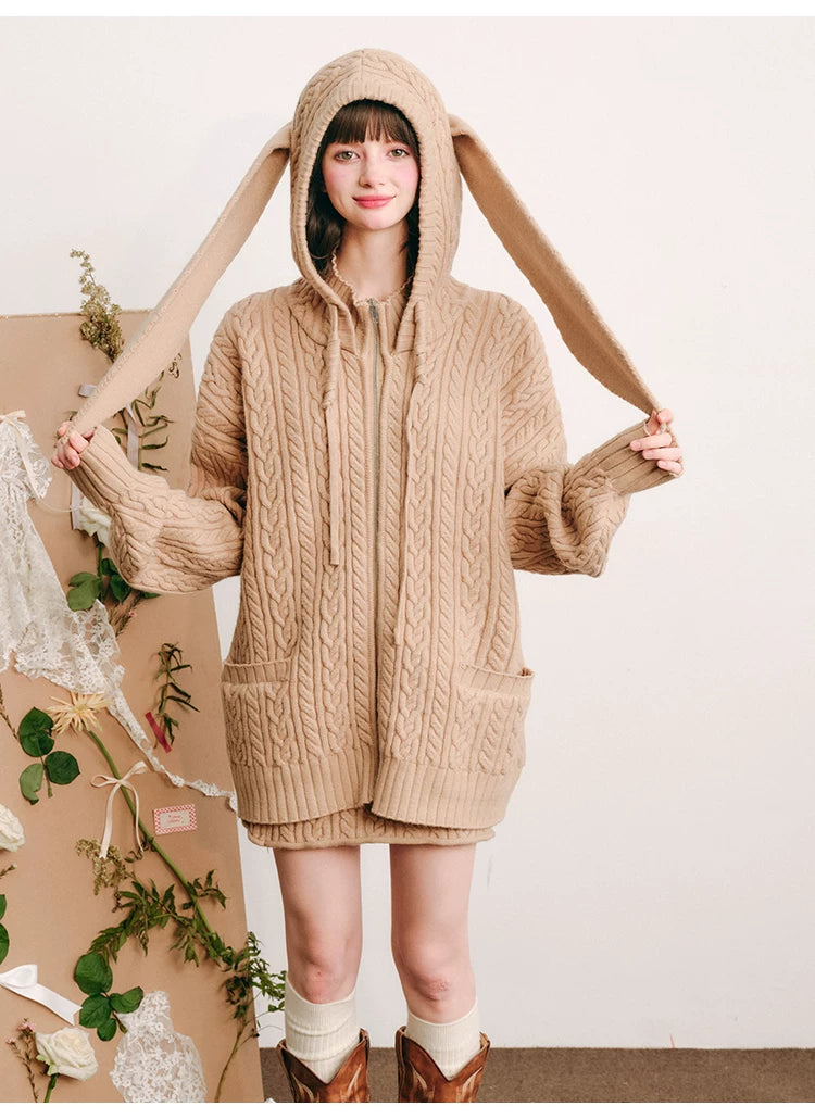 Bunny Hare Ear Hooded Zipper Knit Cardigan & Knit Skirt Setup