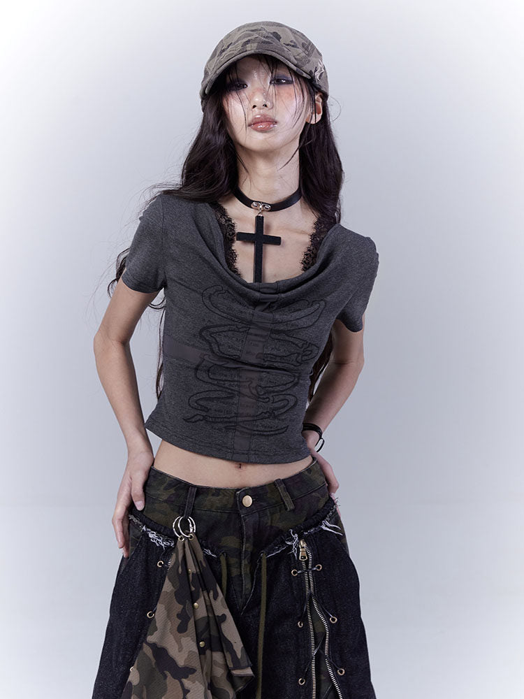 Cutout Cross Print Lace Short Sleeve T-Shirt