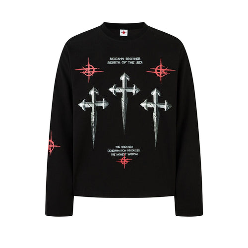 Cross Graphic Print Waffle Long Sleeve T-Shirt - Black / M