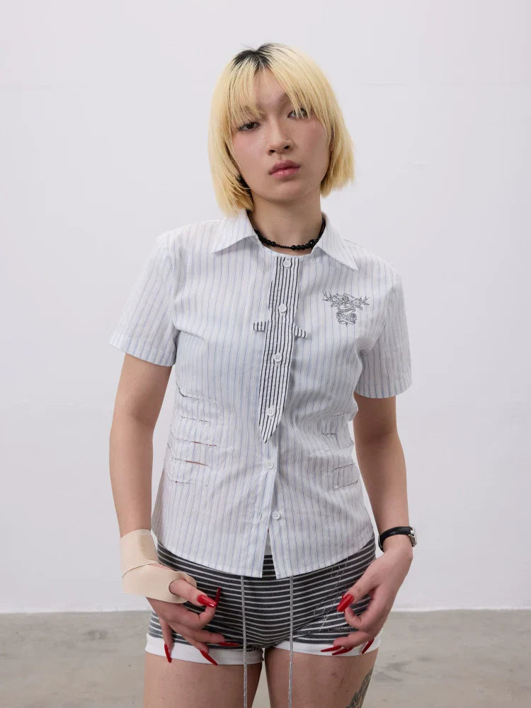 Lace Dagger Patchwork Print Short Sleeve Shirt