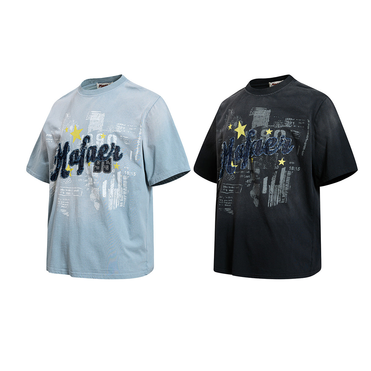 Star Applique Embroidery Washed Short Sleeve T-Shirt