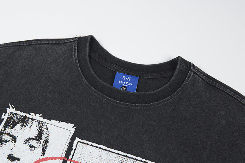 Graphic Print Wash Damage Cotton Short Sleeve T-Shirt