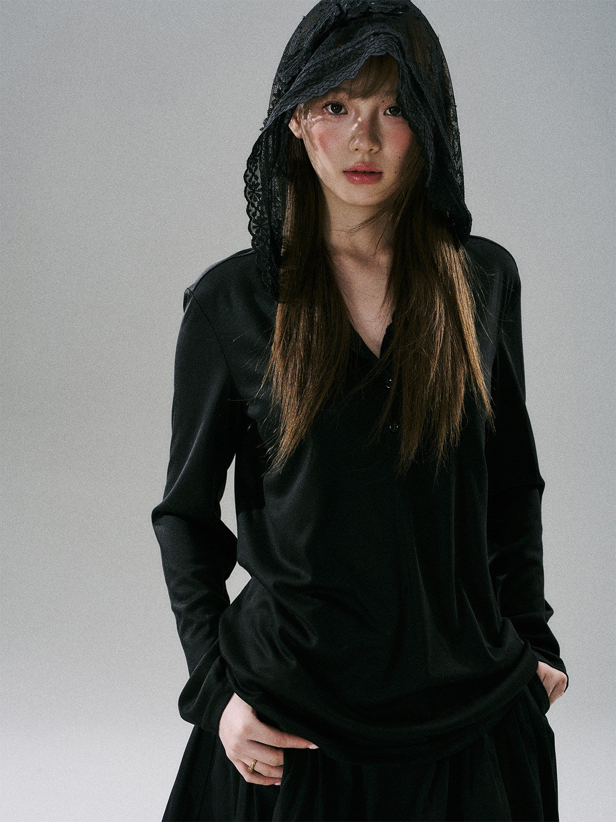 Lace Bow Hooded Long Sleeve Lyocell Shirt