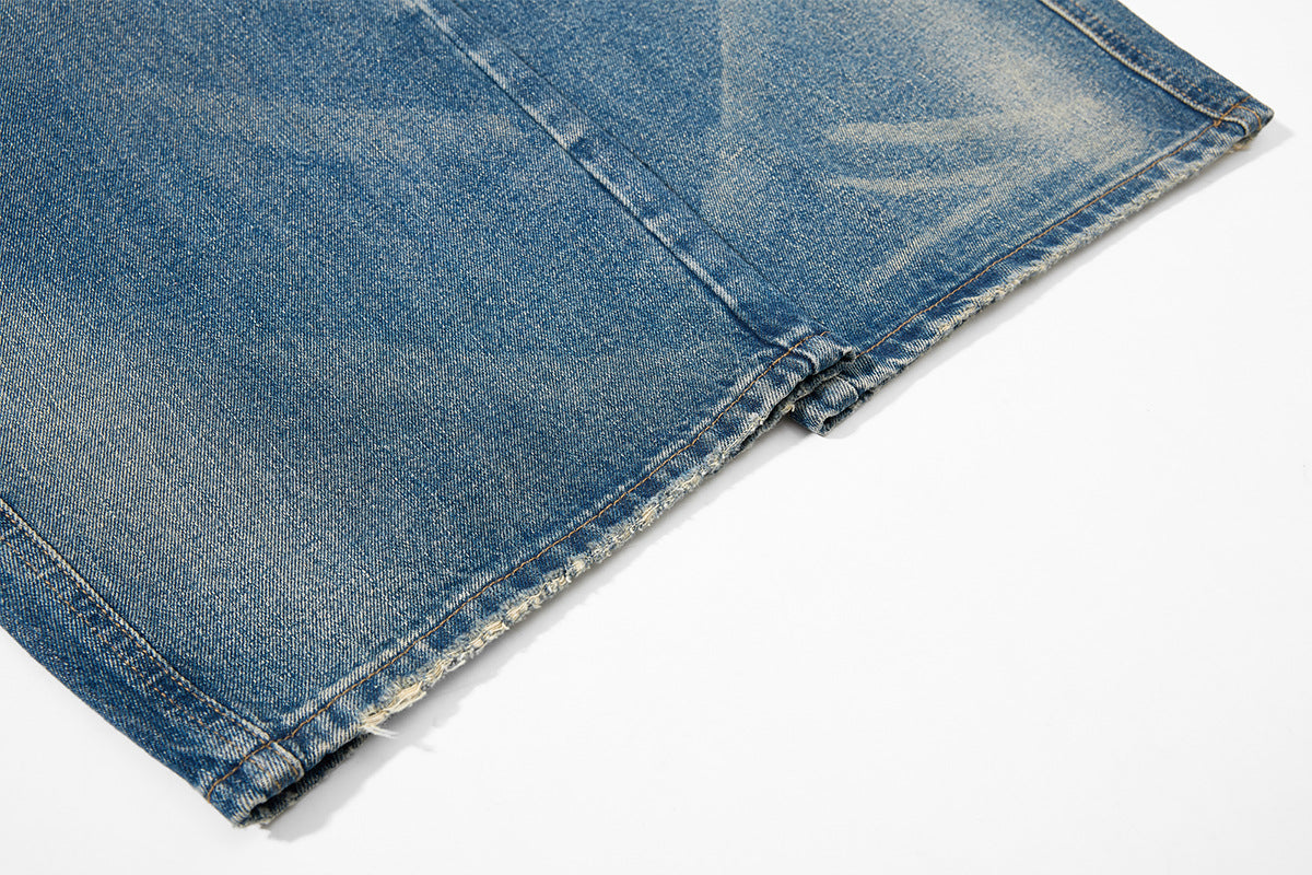 Embroidery Curved Wide Leg Denim Jeans