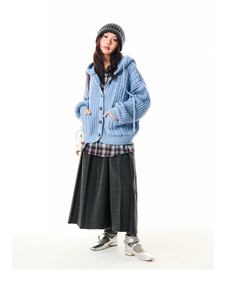 Hooded Button Oversize Cable Knit Cardigan