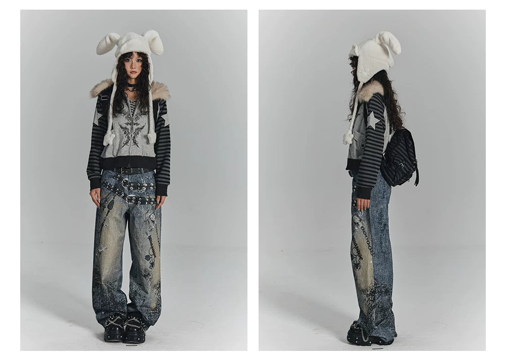 Fur Collar Patchwork Oversize Zipper Hoodie