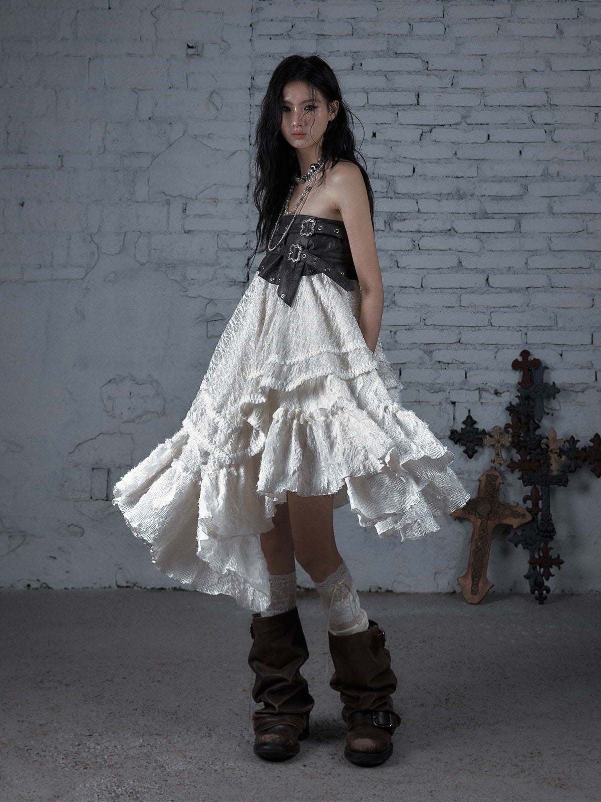 Asymmetric Lace Layered Belt Detail Skirt