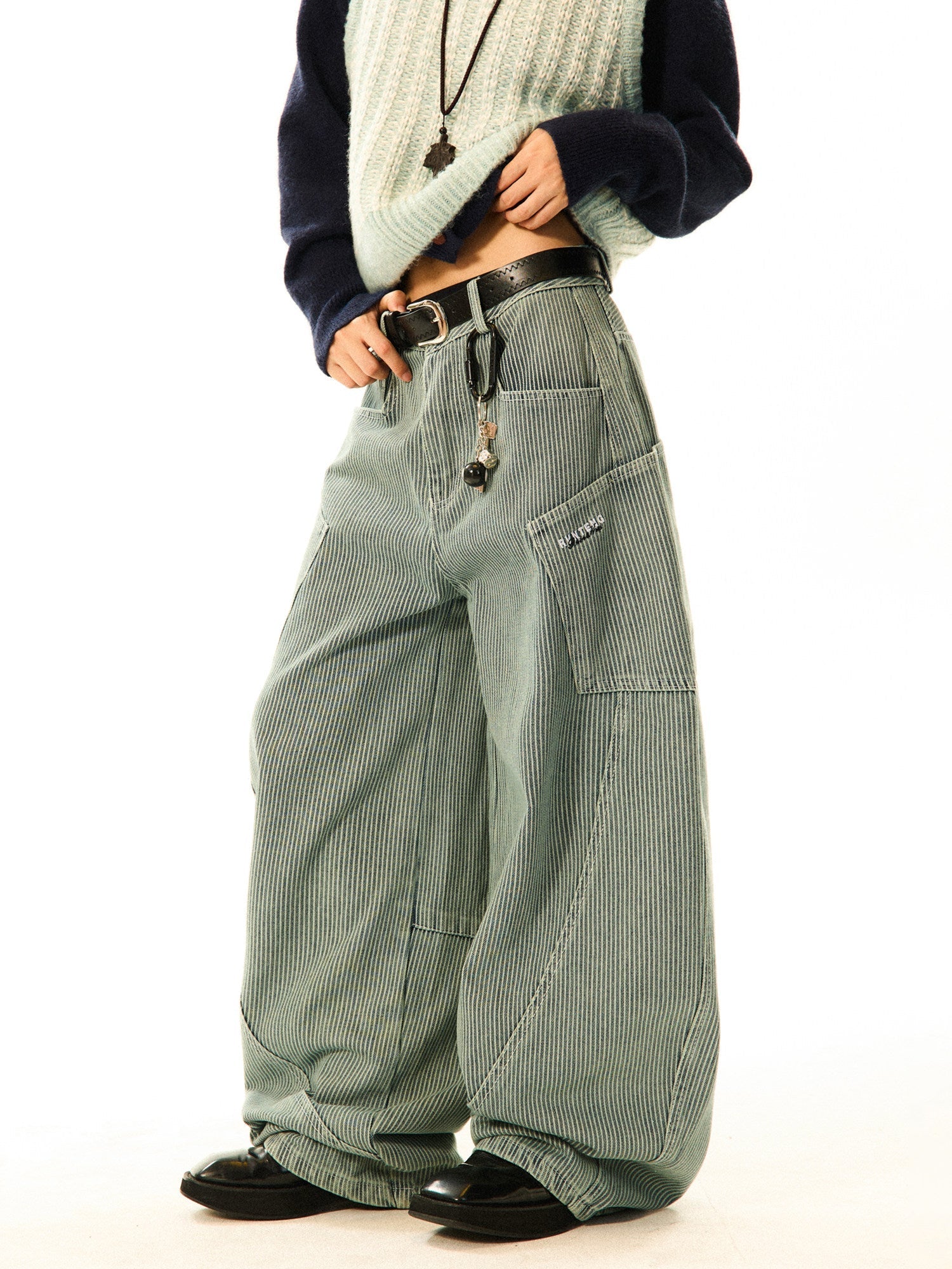 Stripe Pattern Wide Leg Denim Jeans
