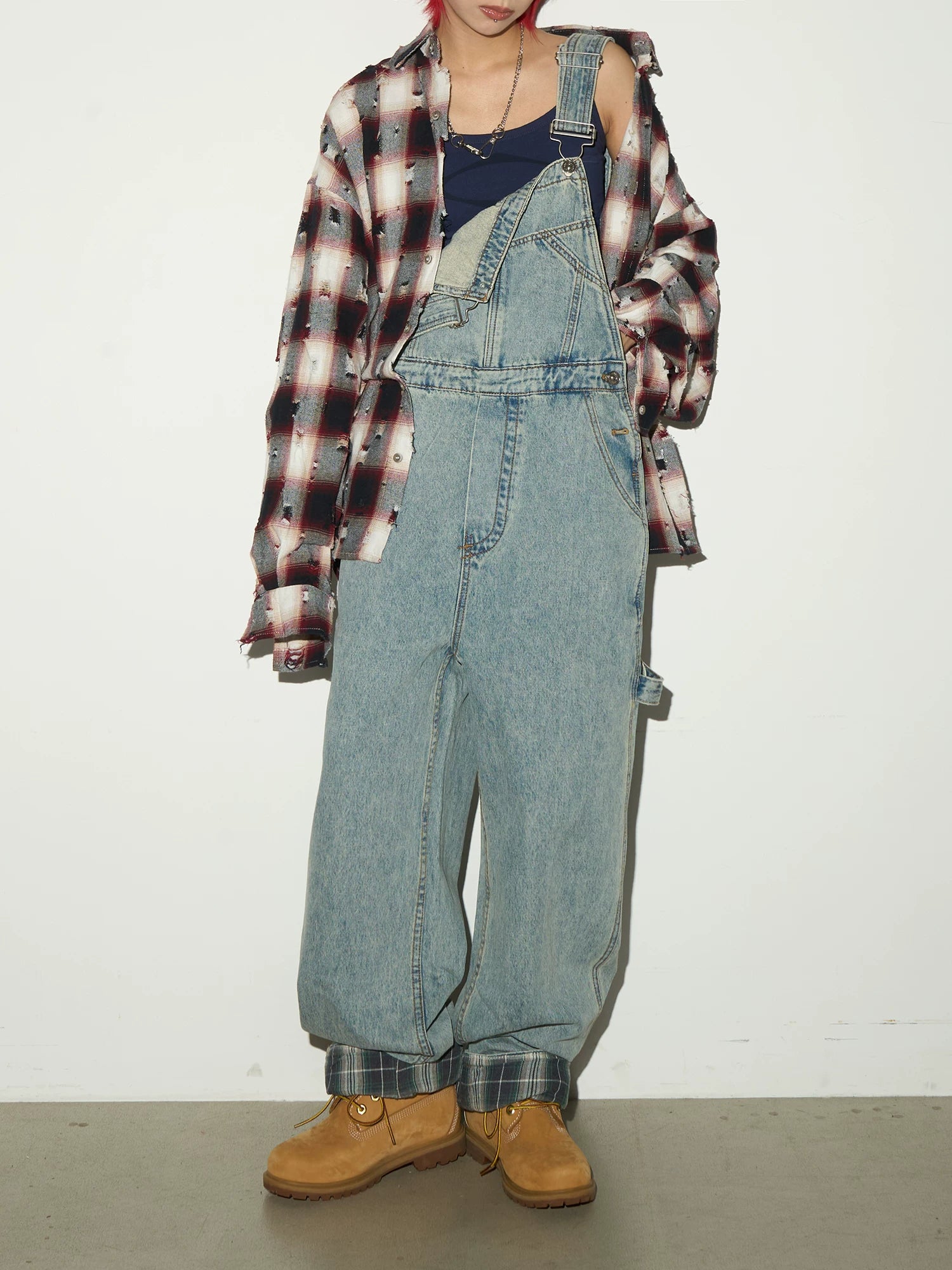 Ripped Plaid Oversize Long Sleeve Shirt