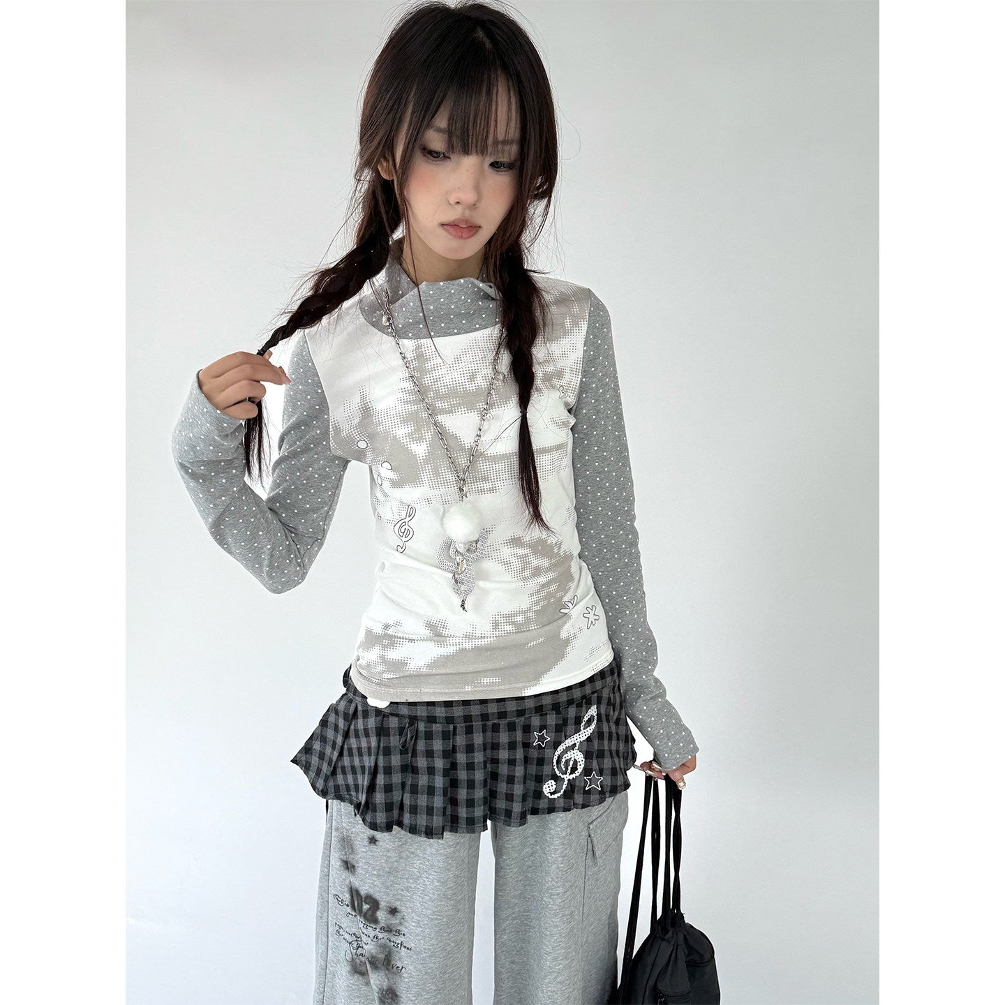 Polka Dot Print High-Neck Long Sleeve T-Shirt