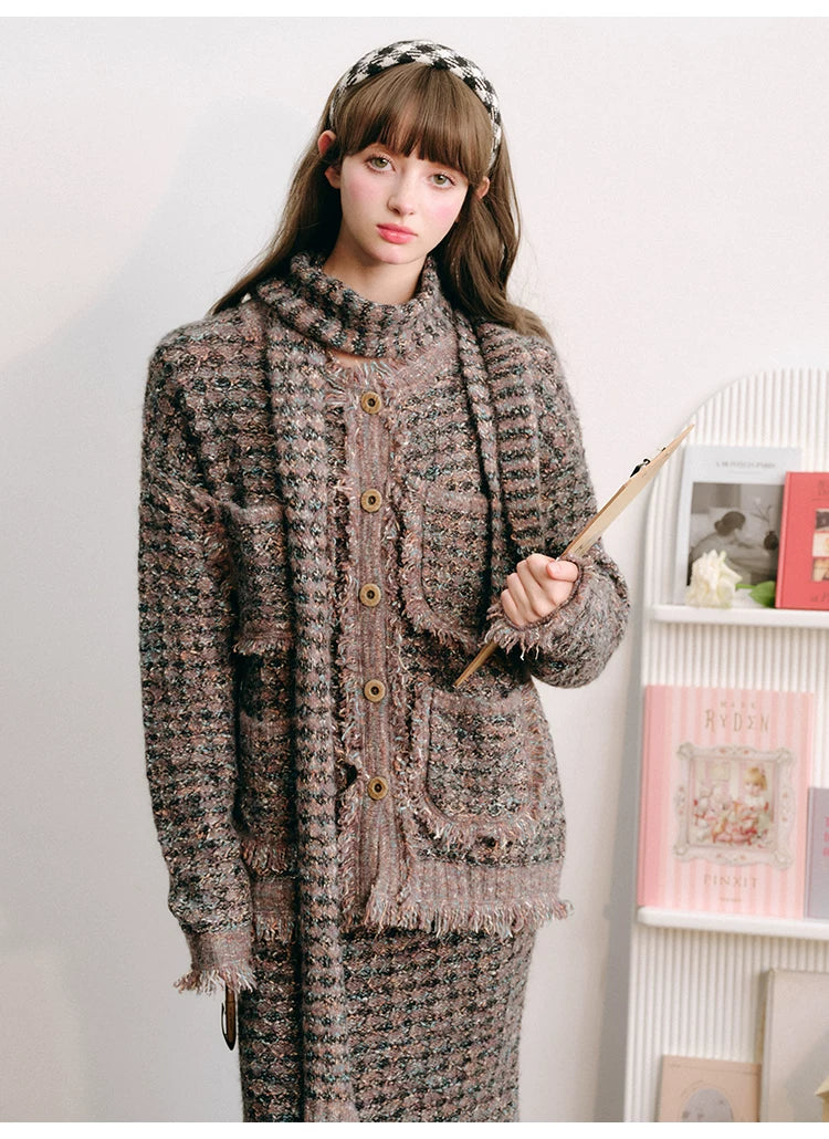 Plaid Button Cardigan & Scarf & Long Skirt Setup