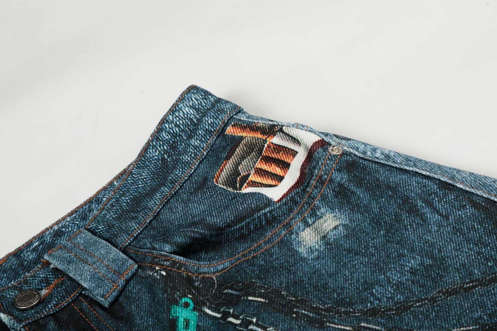 Washed 3D Print Curved Wide Leg Denim Jeans