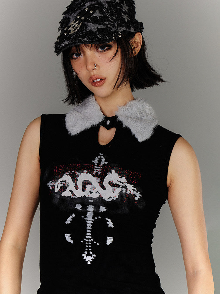 Fake Fur Collar Ribbed Graphic Print Sleeveless T-Shirt