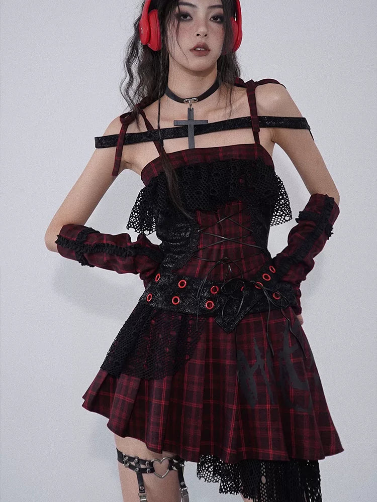 Ruffle Lace Patchwork Plaid Camisole Dress