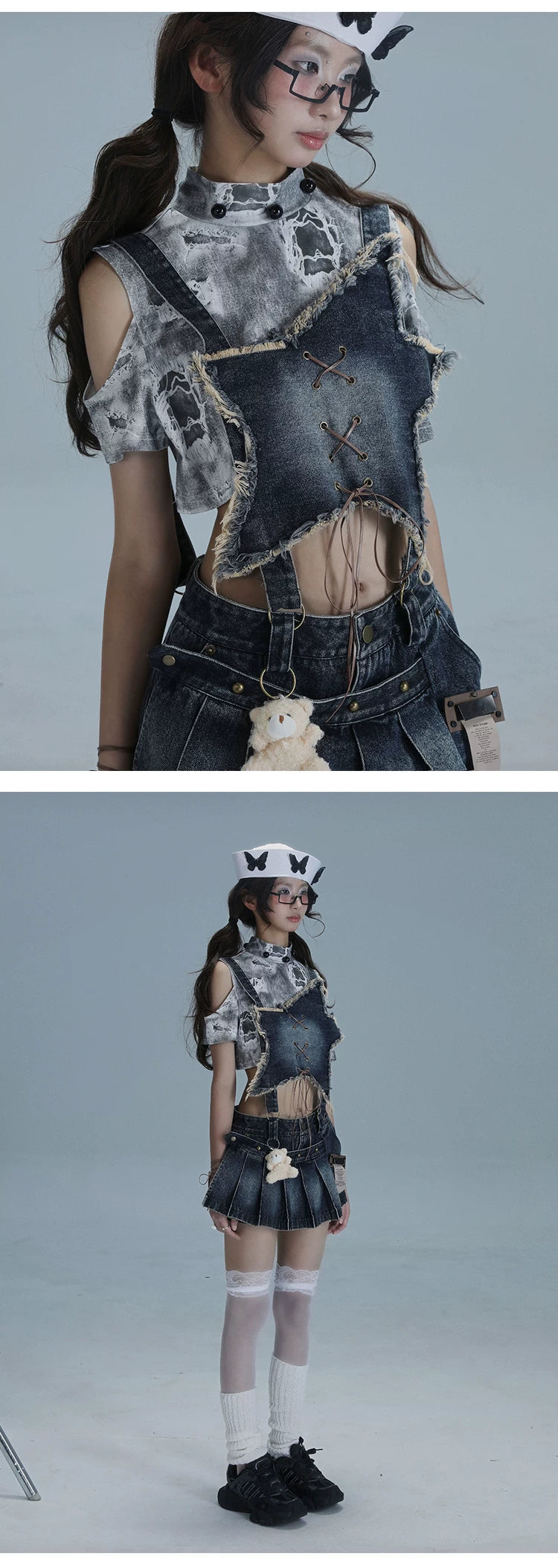 Detachable Washed Suspender Denim Short Skirt & Inner Shirts Set