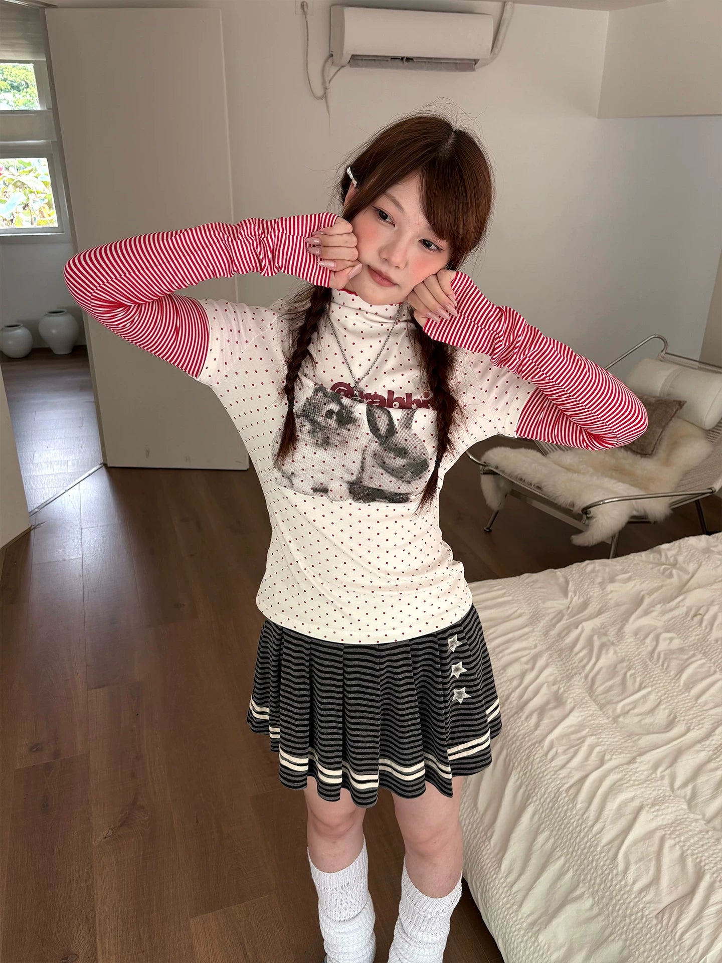 Rabbit Print Patchwork High-Neck Long Sleeve T-Shirt