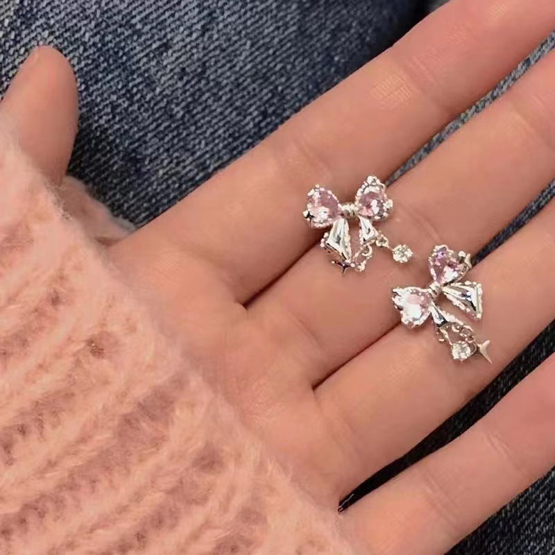 It's so good-looking~ light luxury, high-end pink bow stud earrings, niche temperament, exquisite design, earrings trendy