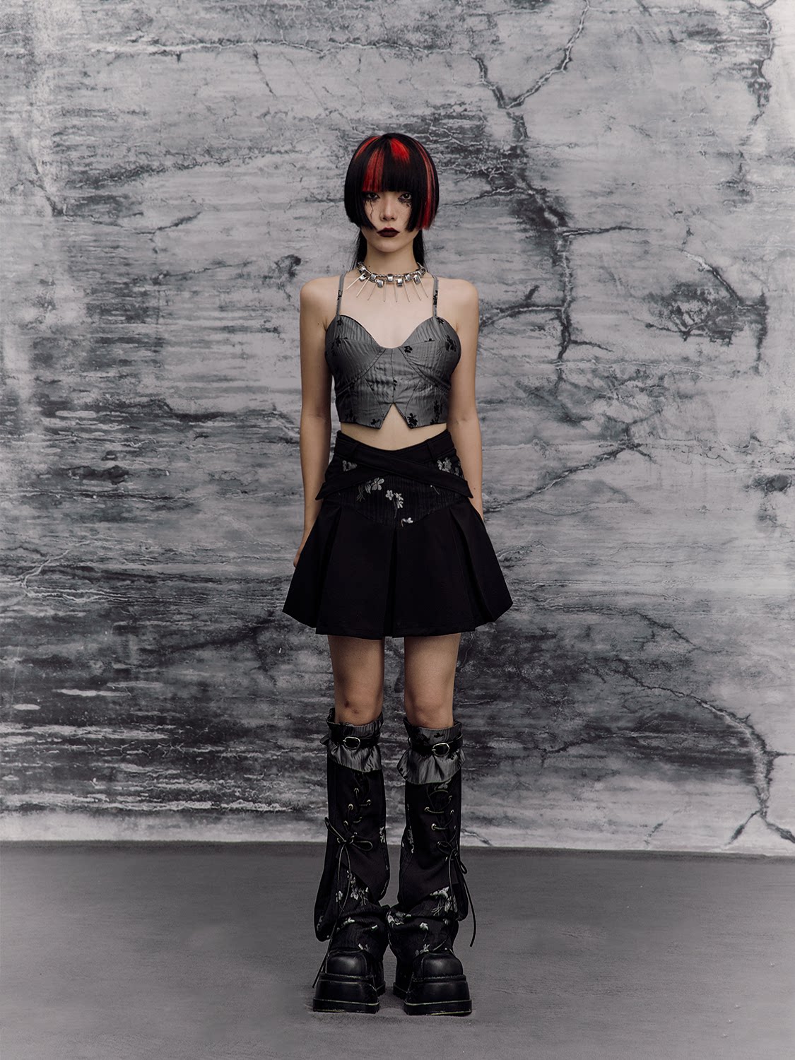 Chinese Style A-Line Jacquard Pleats Short Skirt