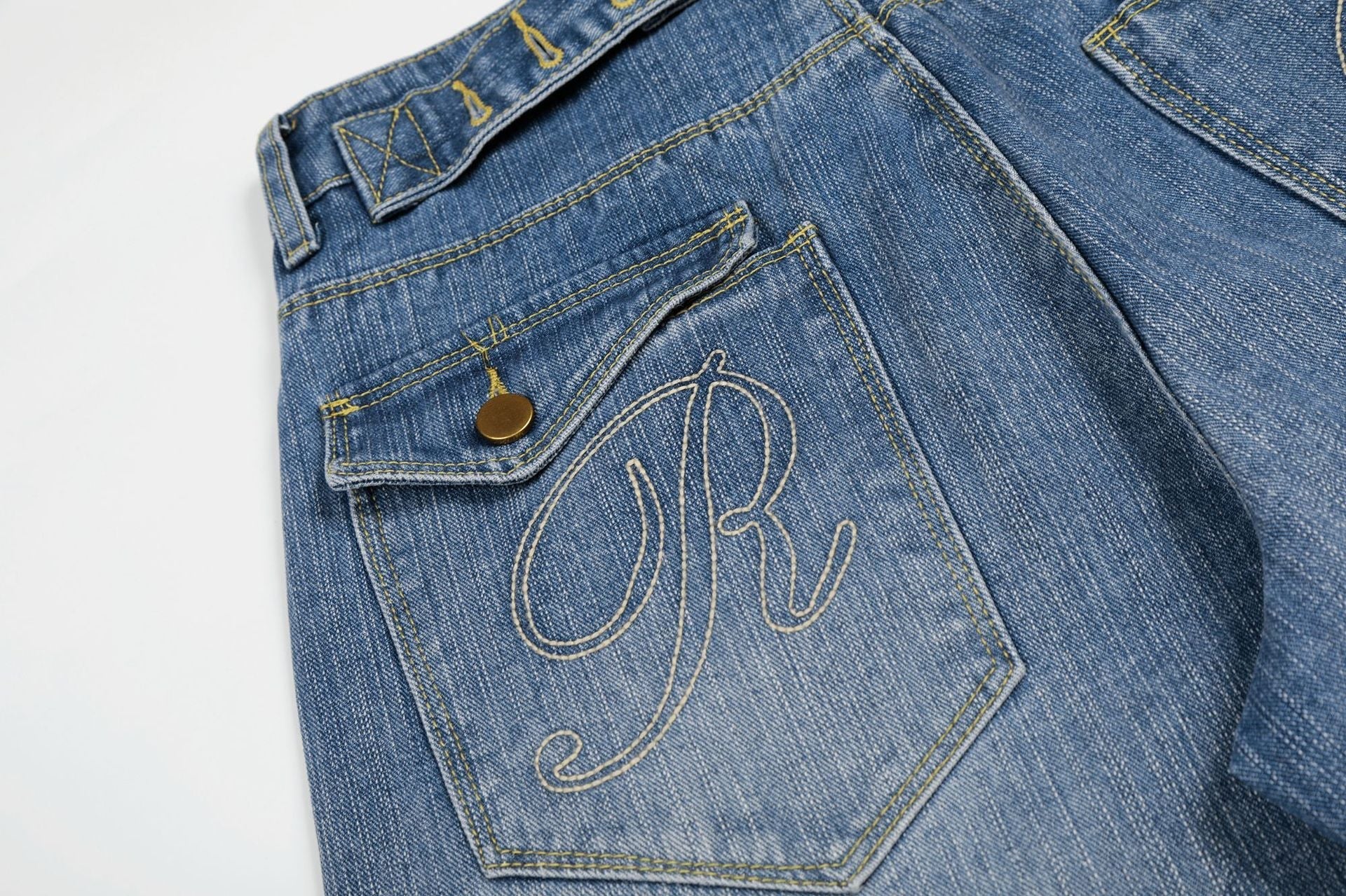 Washed Logo Embroidery Wide Leg Denim Jeans