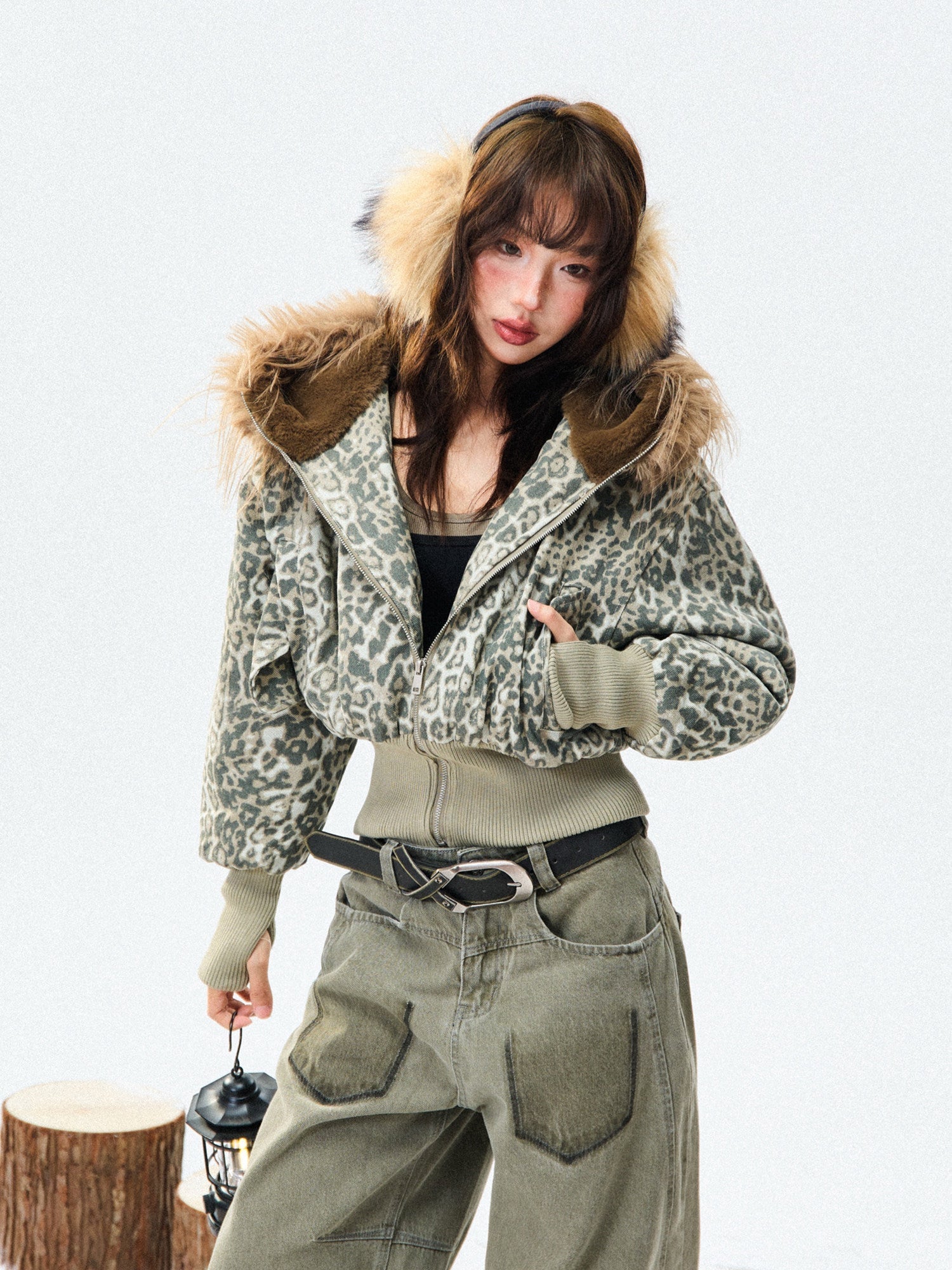 Leopard Print Fur-Trim Hood Puffer Jacket
