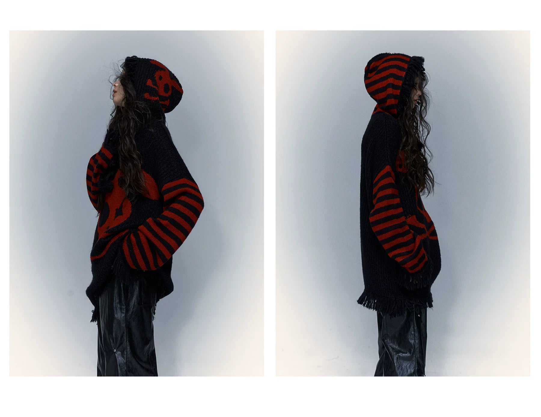 Skull Print Stripe Oversize Knit Hoodie