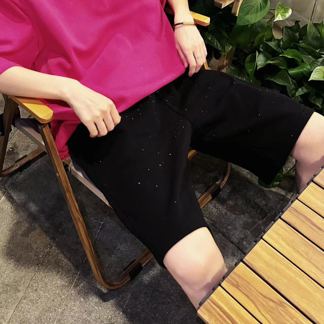 Rhinestone Star Terry Elastic Waist Short Pants