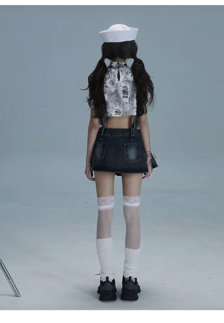Detachable Washed Suspender Denim Short Skirt & Inner Shirts Set