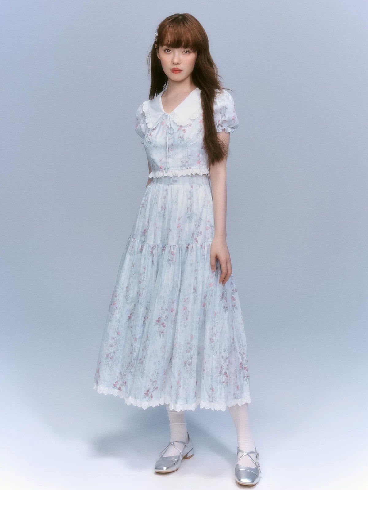 Floral-Print Blouse & Lace Trim Flared Skirt Setup