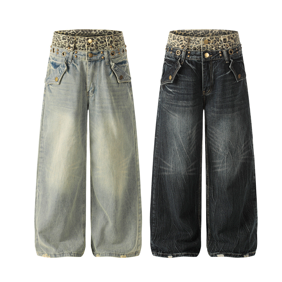 Leopard Waistband Washed Whisker Wide Leg Denim Jeans