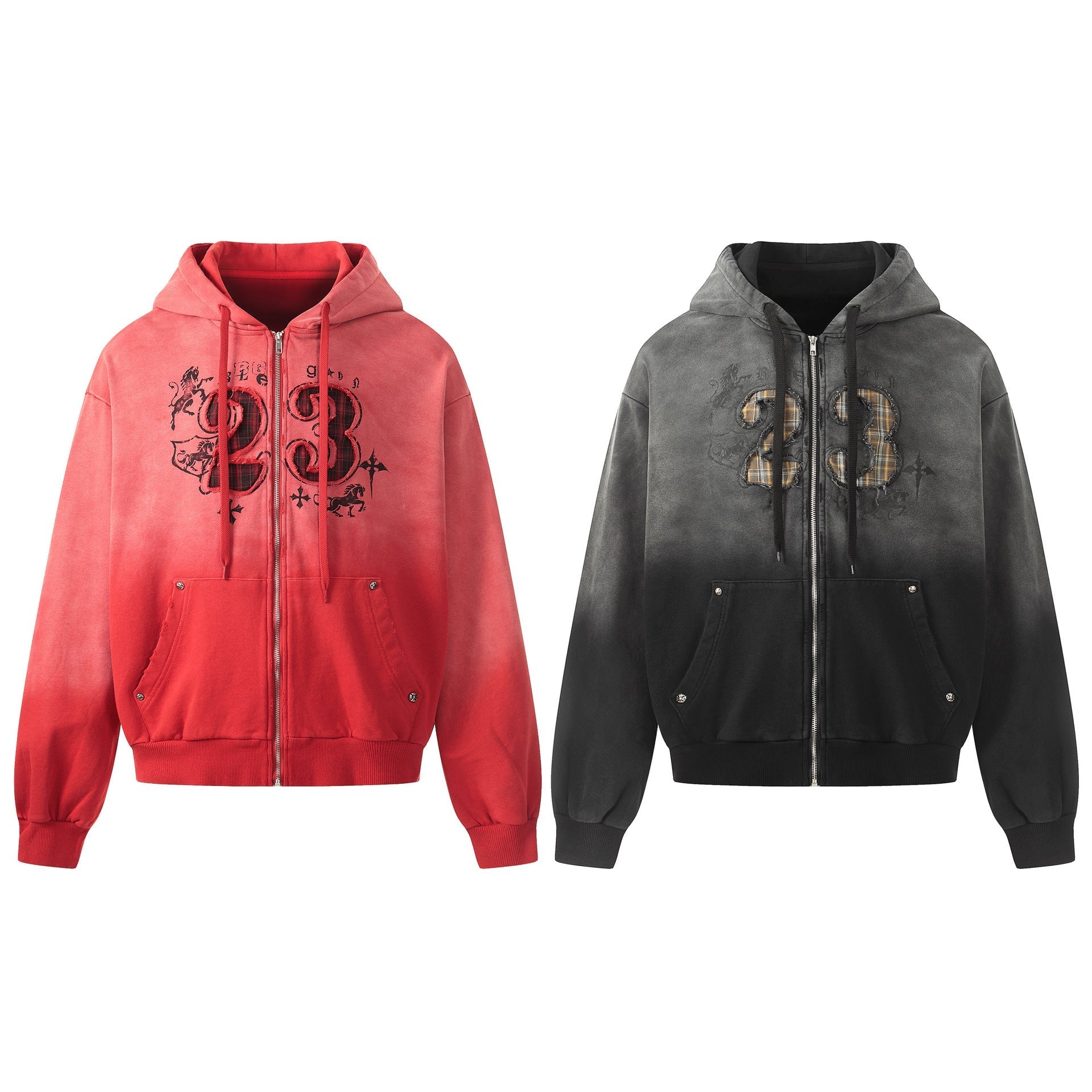 Gradient Number Print Zipper Hoodie