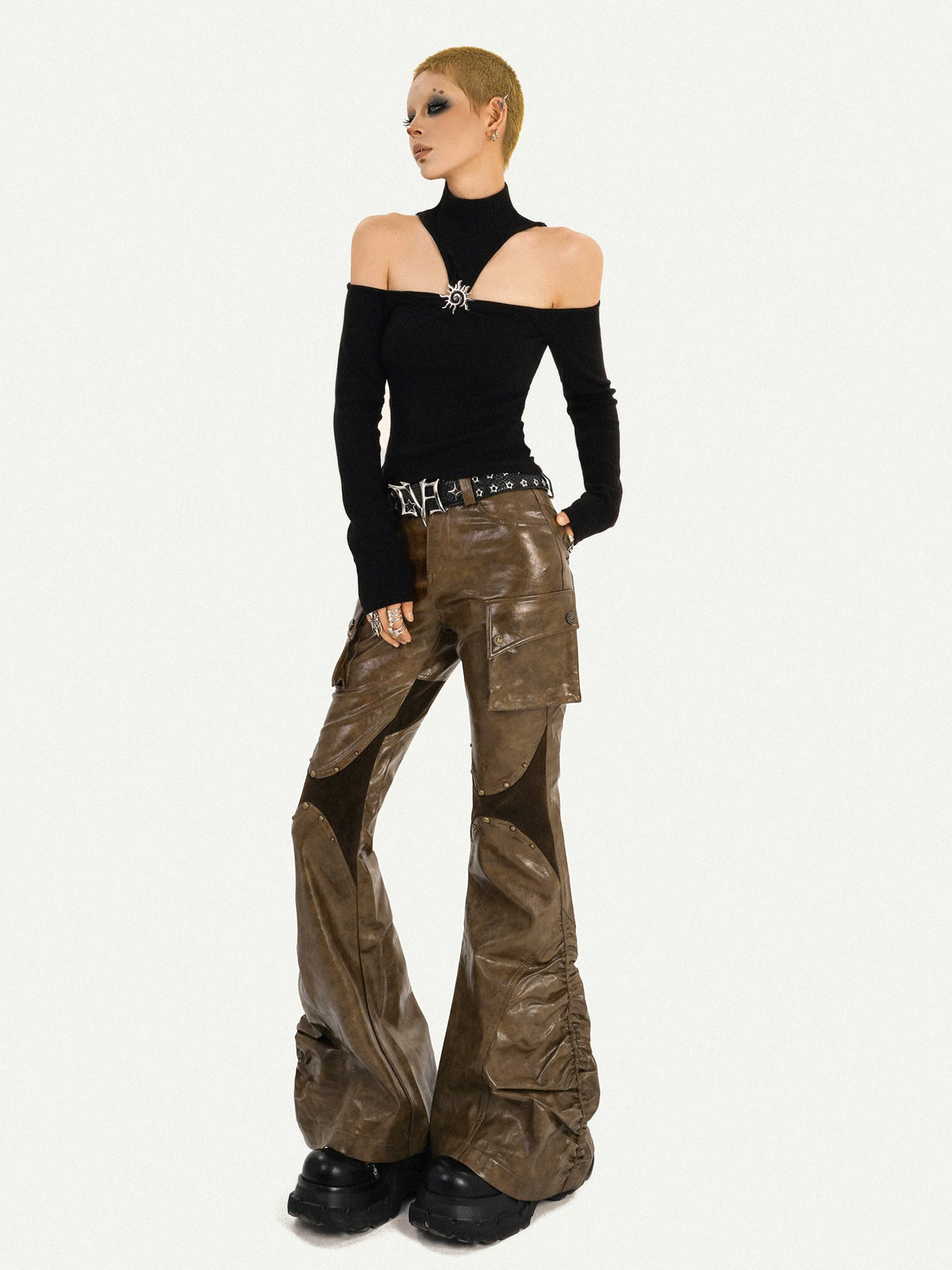 PU Leather Patchwork Fitted Flare Pants