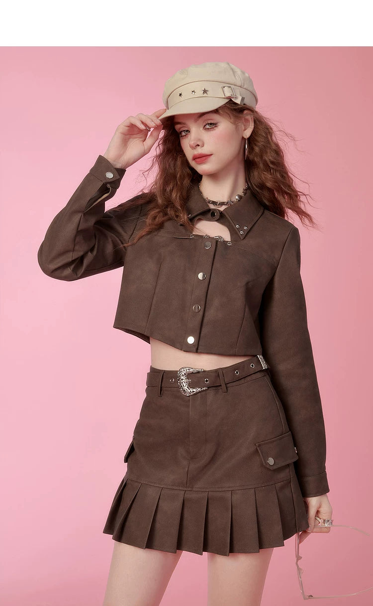PU Leather Short Jacket & Short Pleats Skirt Setup