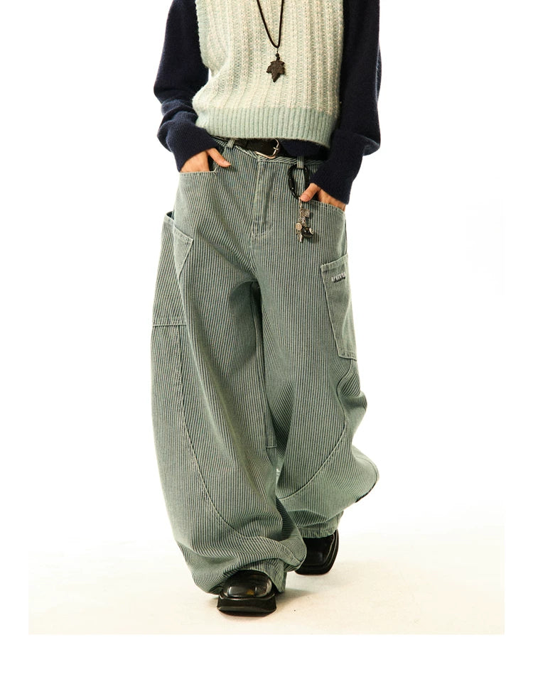 Stripe Pattern Wide Leg Denim Jeans