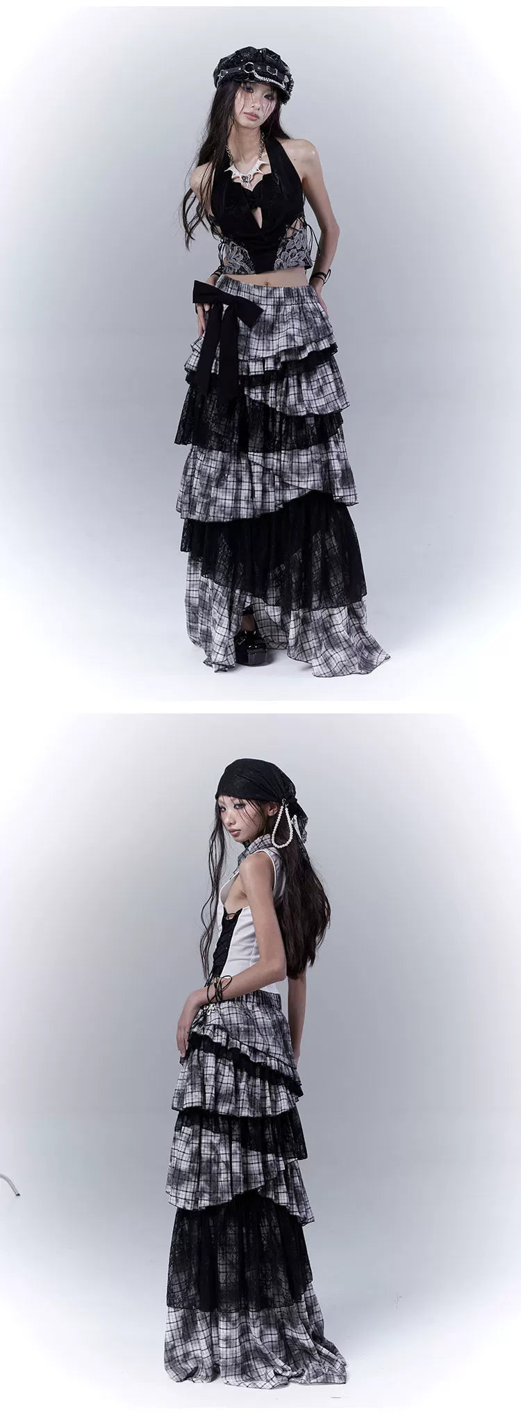 Lace Plaid Tiered Asymmetric Skirt