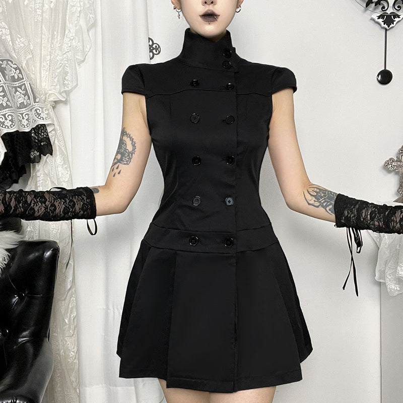 Halloween Gothic Double-Breasted Pleated Mini Dress