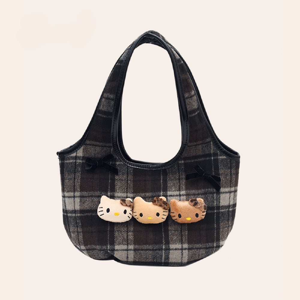 Vintage Karo Tragetasche mit Hello Kitty Trio - Soft Girl Ästhetische Handtasche